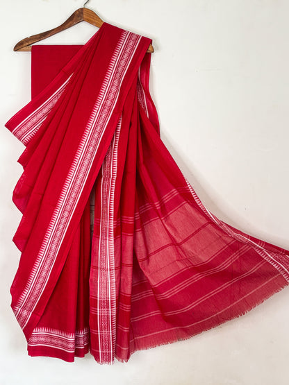 Red Cotton Dhaniakhali Saree with Thin Woven Borders