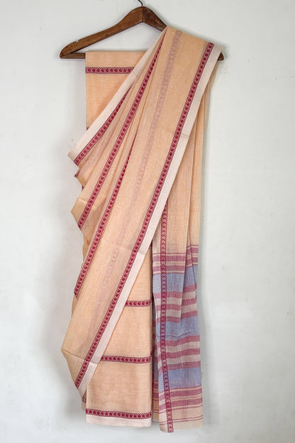 Peach Crayon Woven Stripes Cotton Dhaniakhali Saree