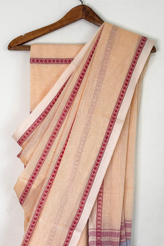 Peach Crayon Woven Stripes Cotton Dhaniakhali Saree