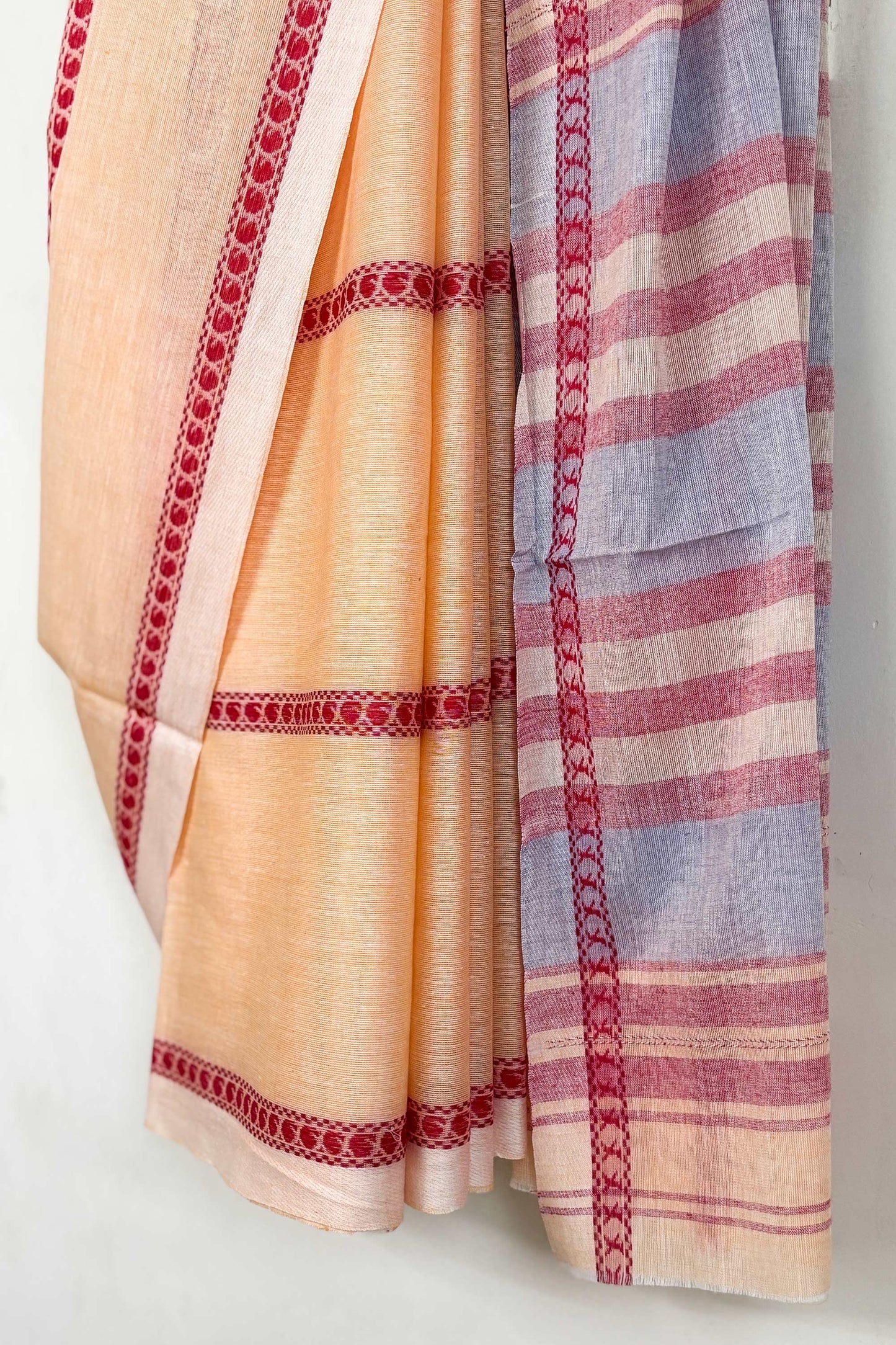 Peach Crayon Woven Stripes Cotton Dhaniakhali Saree
