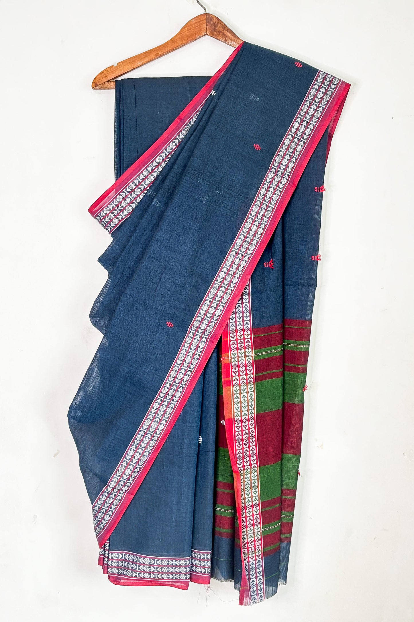 Midnight Blue Woven Boders Cotton Dhaniakhali Saree