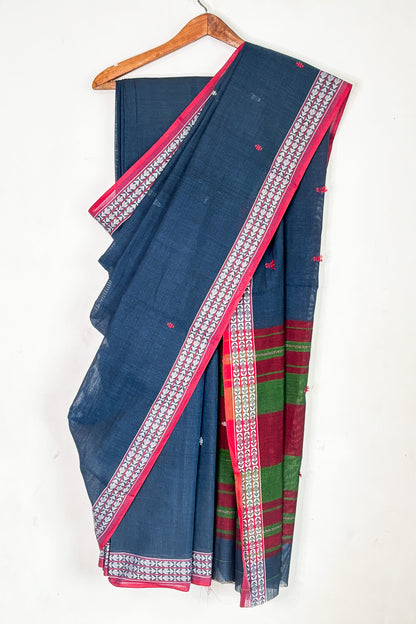 Midnight Blue Woven Boders Cotton Dhaniakhali Saree