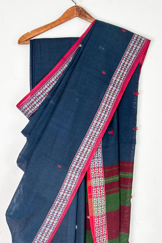 Midnight Blue Woven Boders Cotton Dhaniakhali Saree