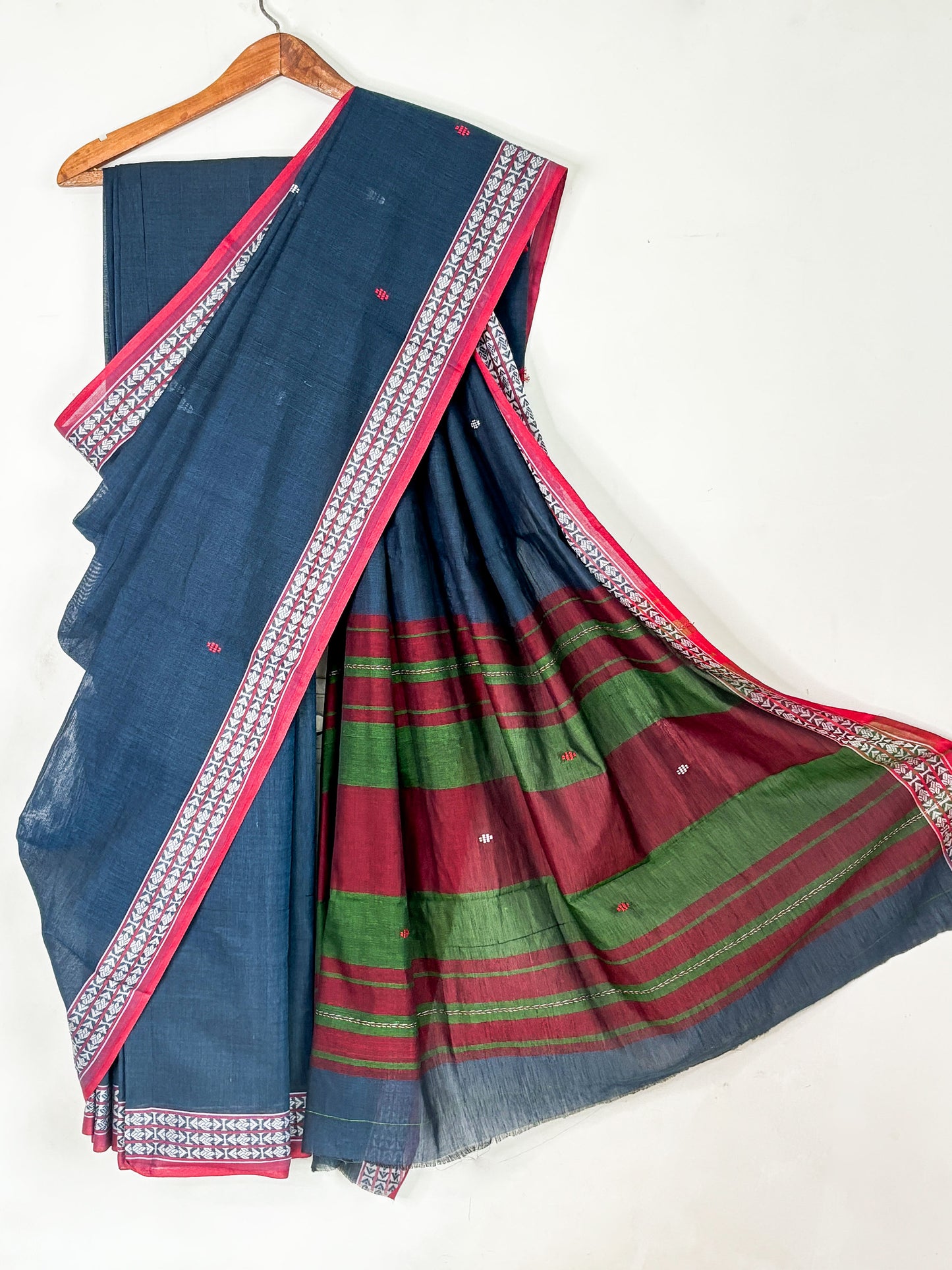 Midnight Blue Woven Boders Cotton Dhaniakhali Saree