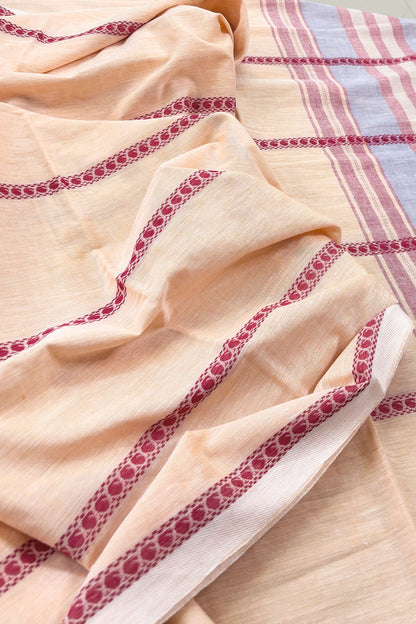 Peach Crayon Woven Stripes Cotton Dhaniakhali Saree