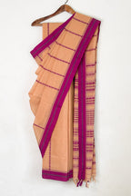 Beige Bengal Cotton Saree with Purple Border