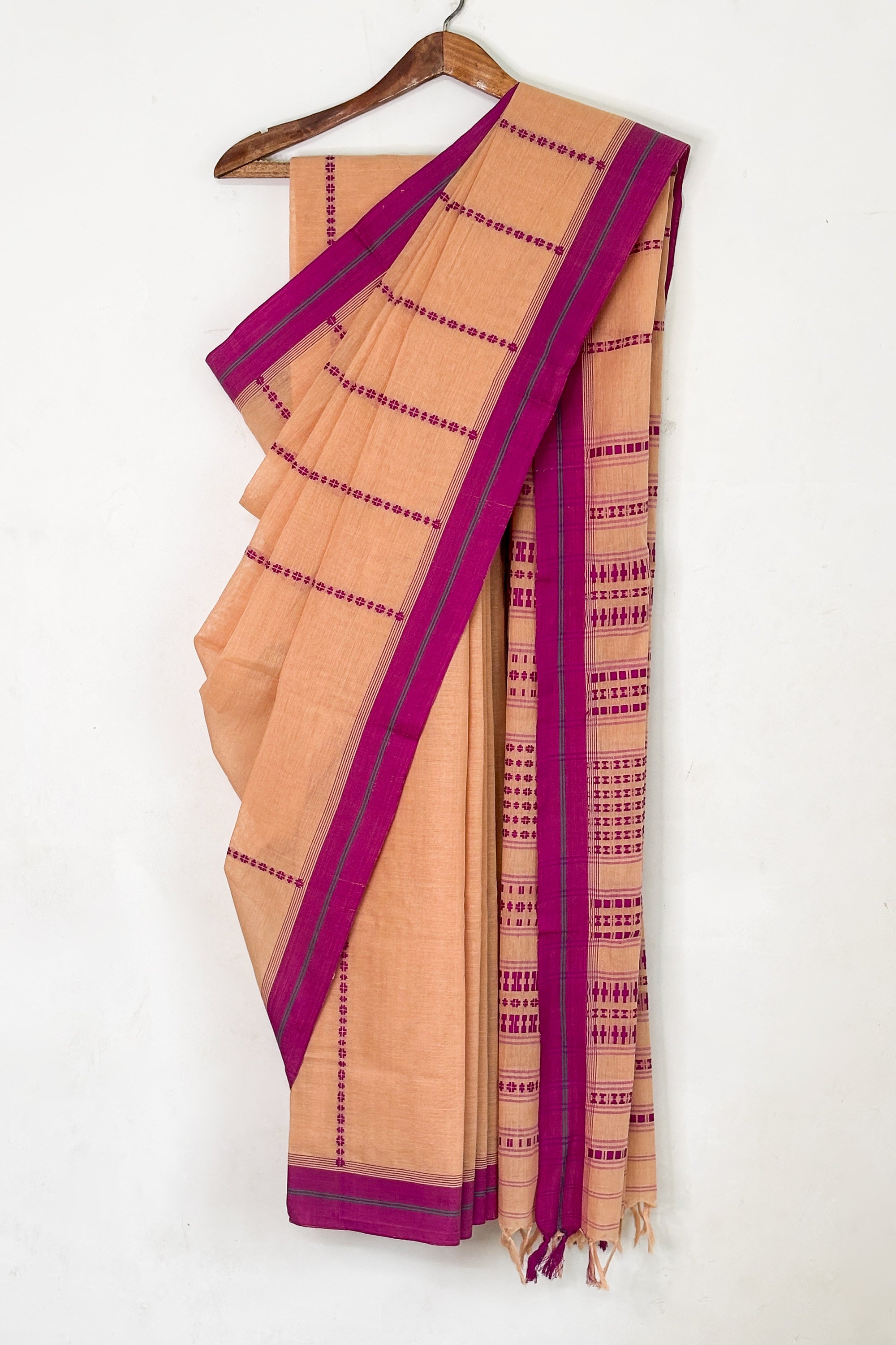 Beige Bengal Cotton Saree with Purple Border