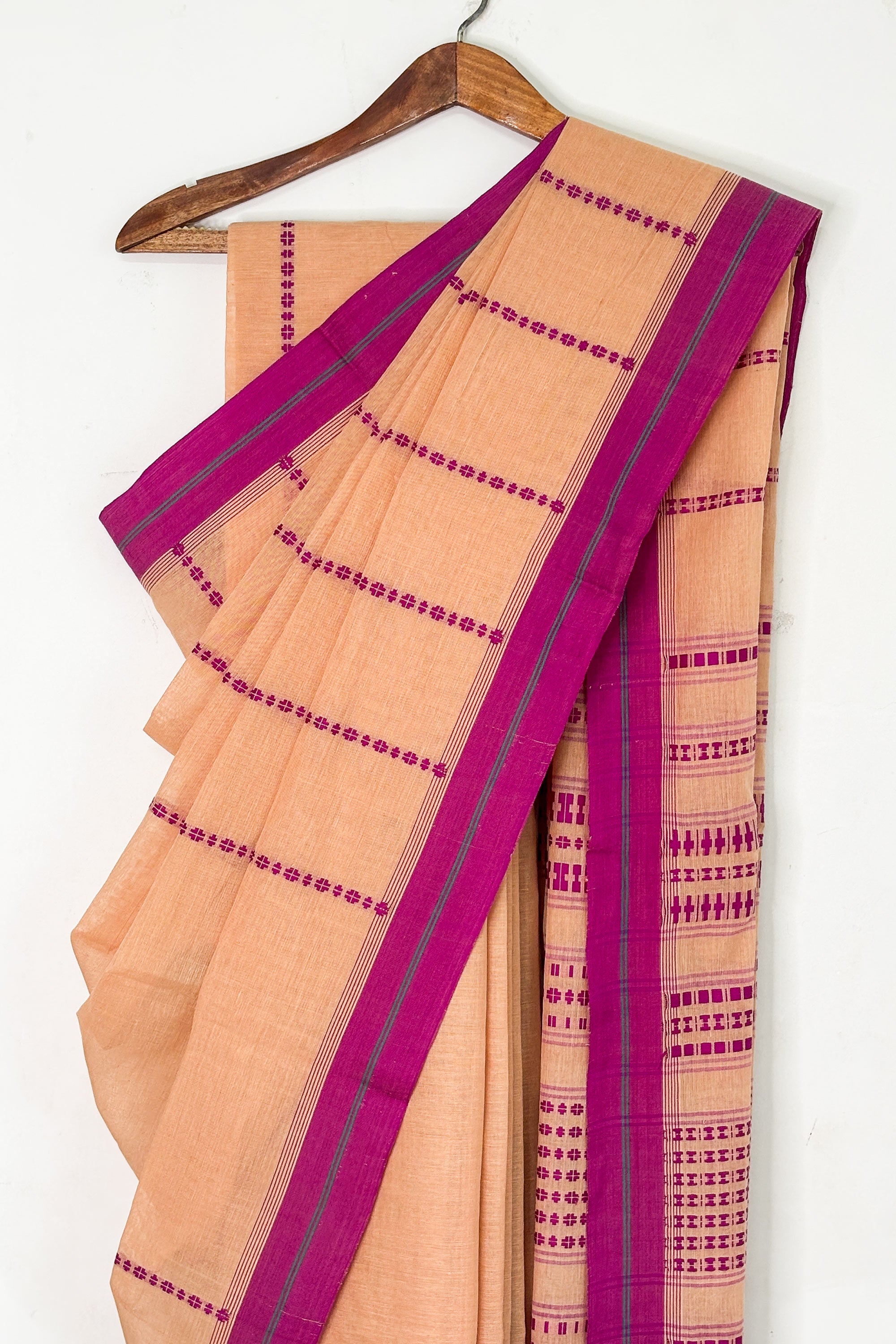 Beige Bengal Cotton Saree with Purple Border