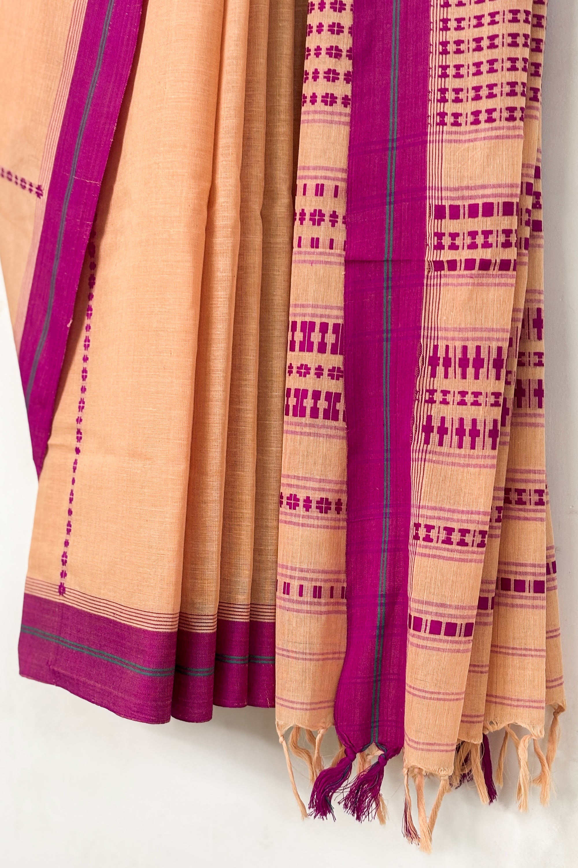 Beige Bengal Cotton Saree with Purple Border