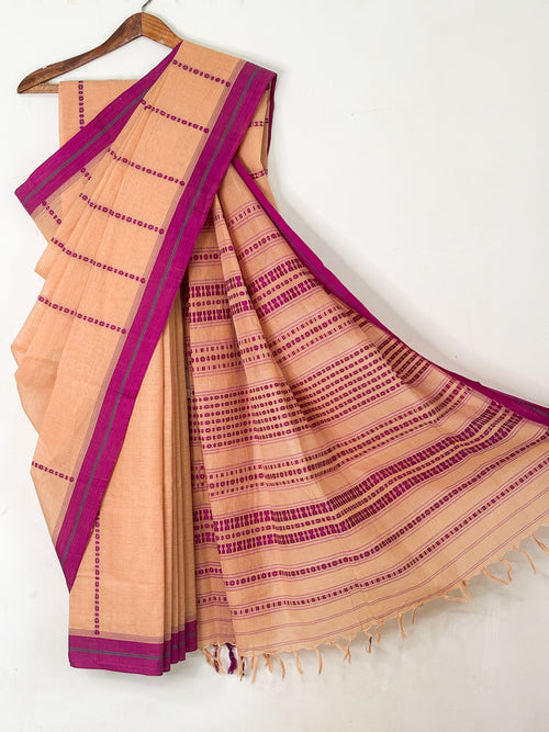 Beige Bengal Cotton Saree with Purple Border