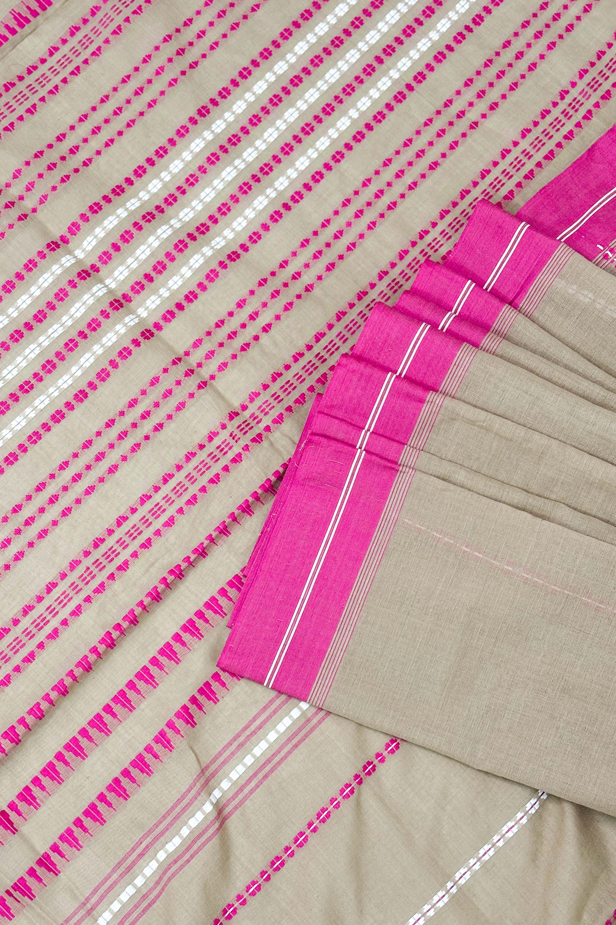 Mud Bengal Cotton Saree with Pink Border