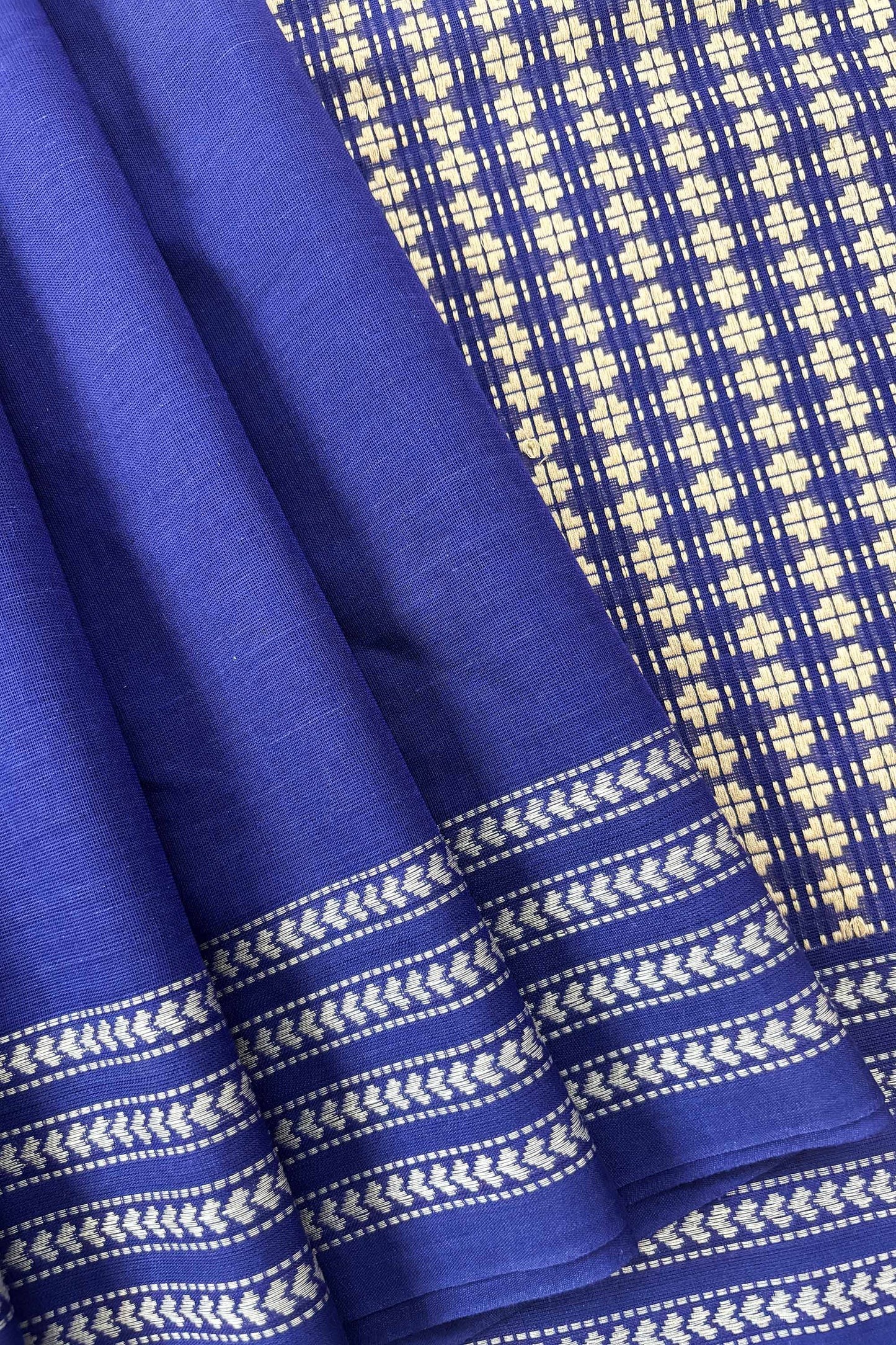 Blue Bengal Cotton Saree with White Woven Border and Heavy woven pallu