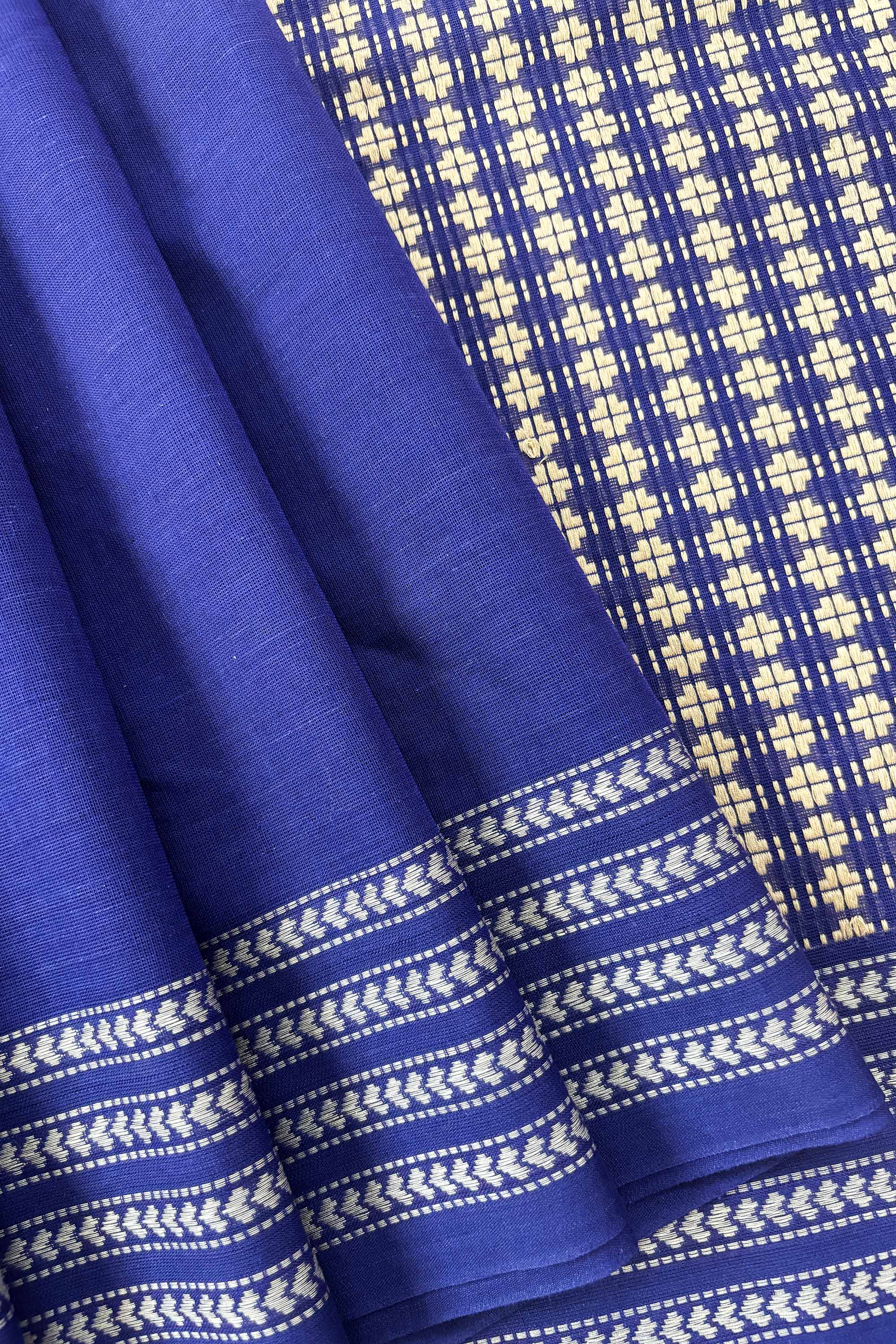 Blue Bengal Cotton Saree with White Woven Border and Heavy woven pallu