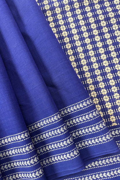 Blue Bengal Cotton Saree with White Woven Border and Heavy woven pallu