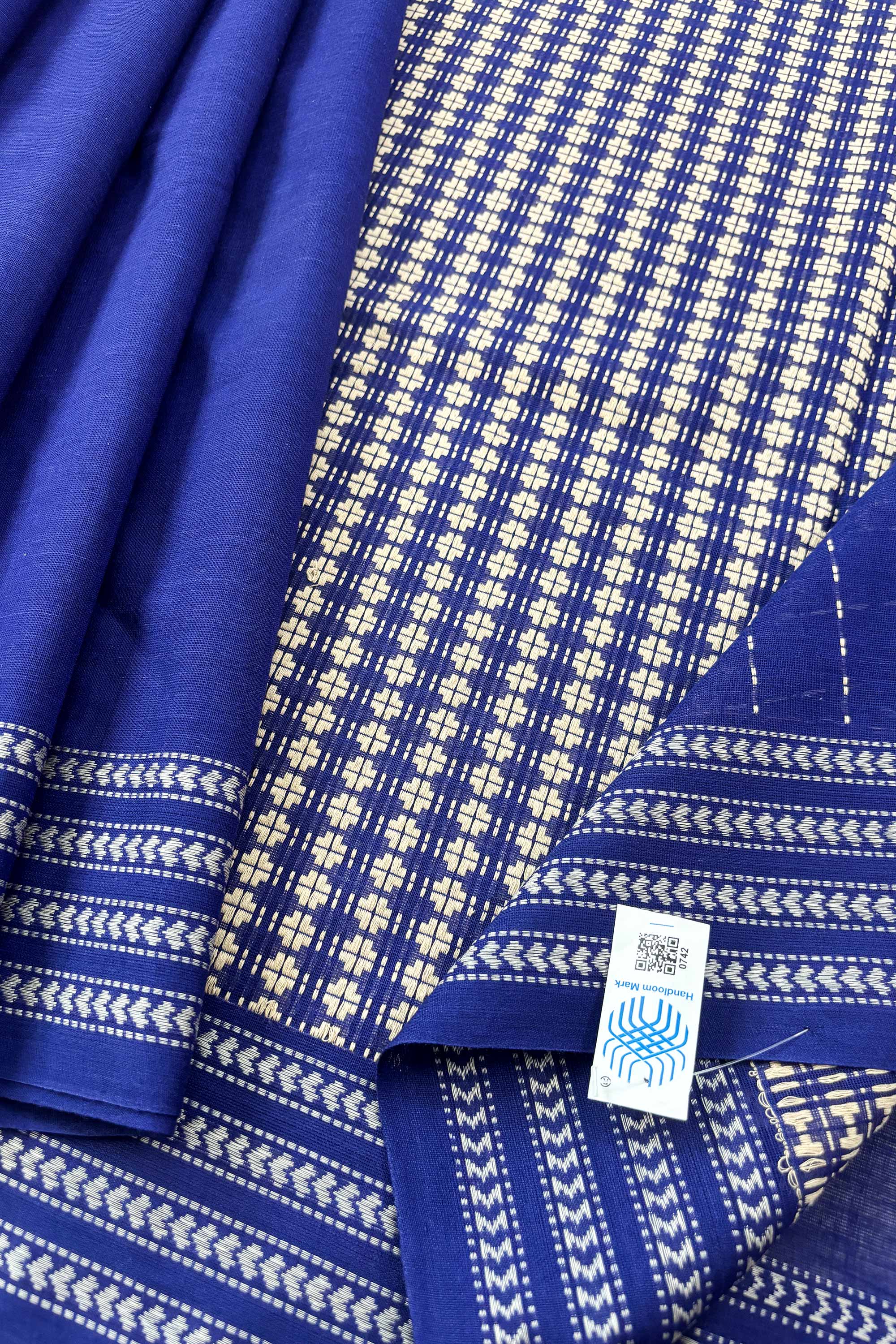 Blue Bengal Cotton Saree with White Woven Border and Heavy woven pallu