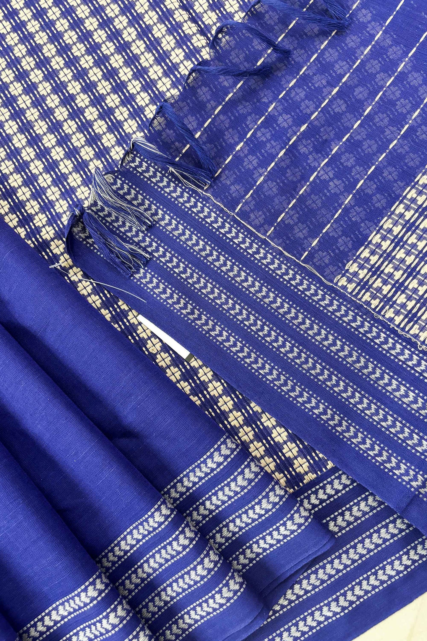 Blue Bengal Cotton Saree with White Woven Border and Heavy woven pallu
