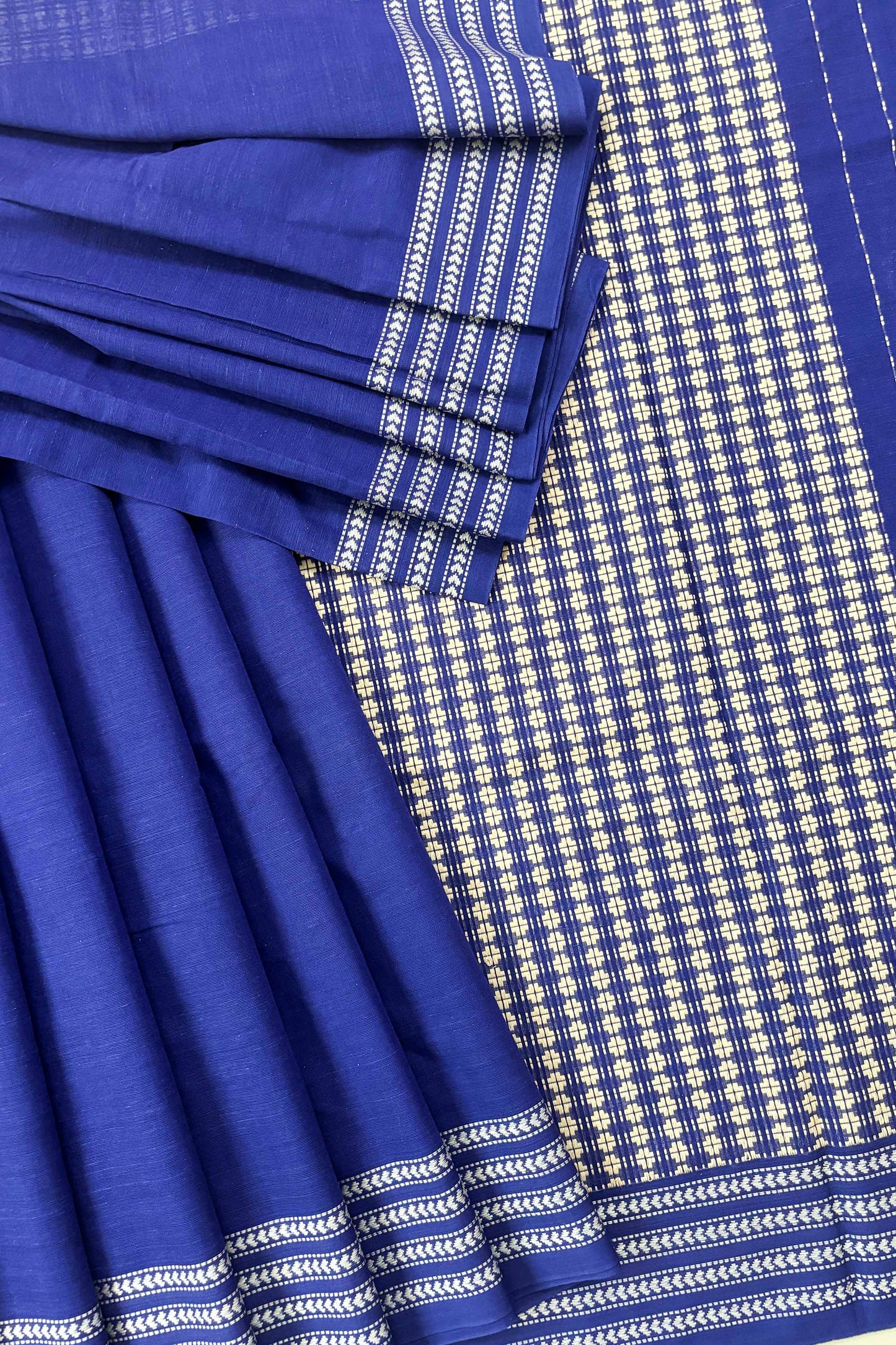 Blue Bengal Cotton Saree with White Woven Border and Heavy woven pallu