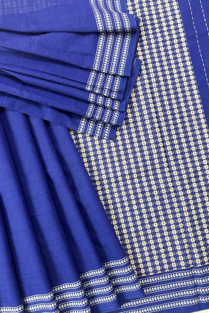 Blue Bengal Cotton Saree with White Woven Border and Heavy woven pallu