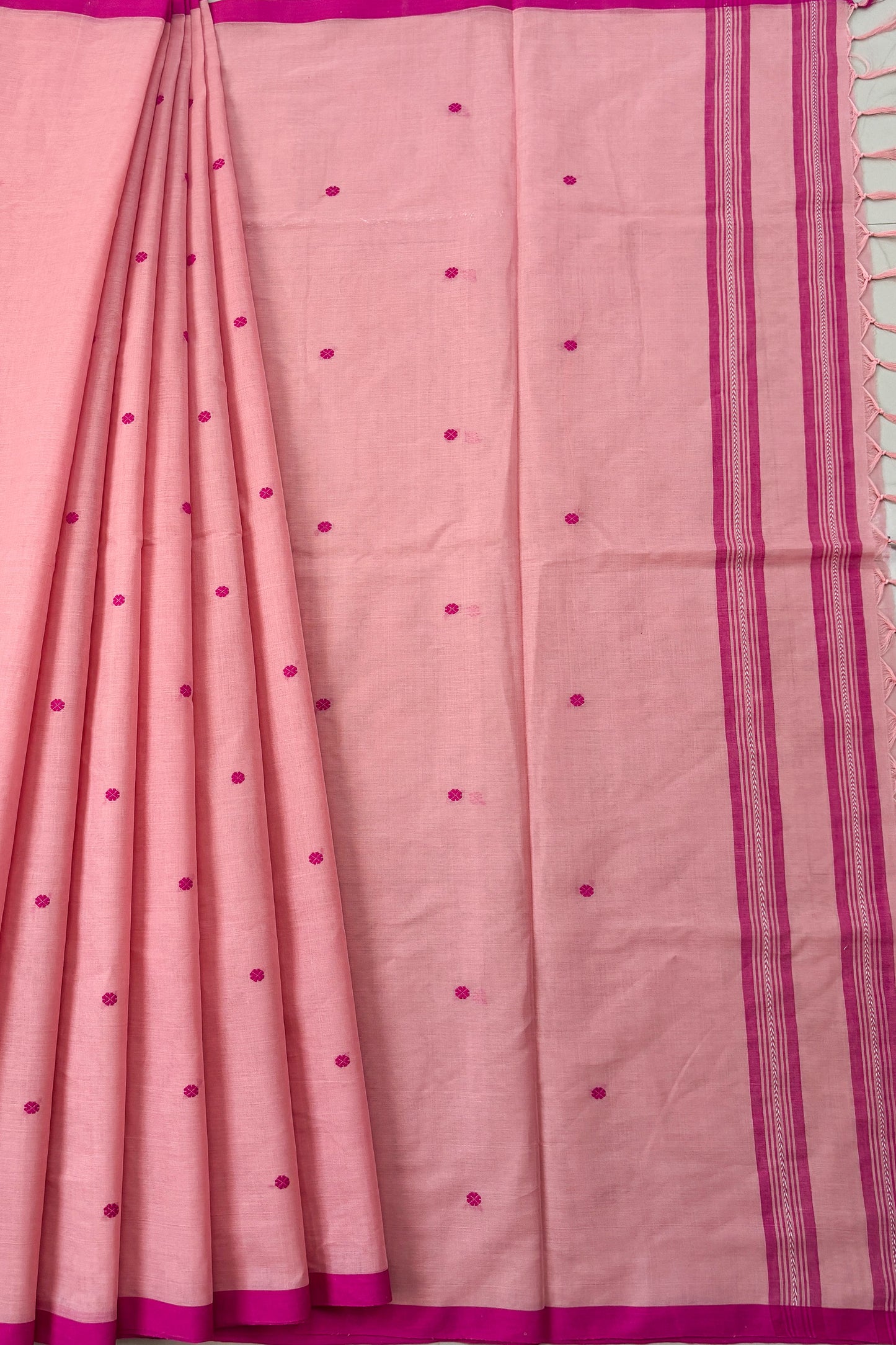 Powder Pink Bengal Cotton Saree with White Woven Buttas