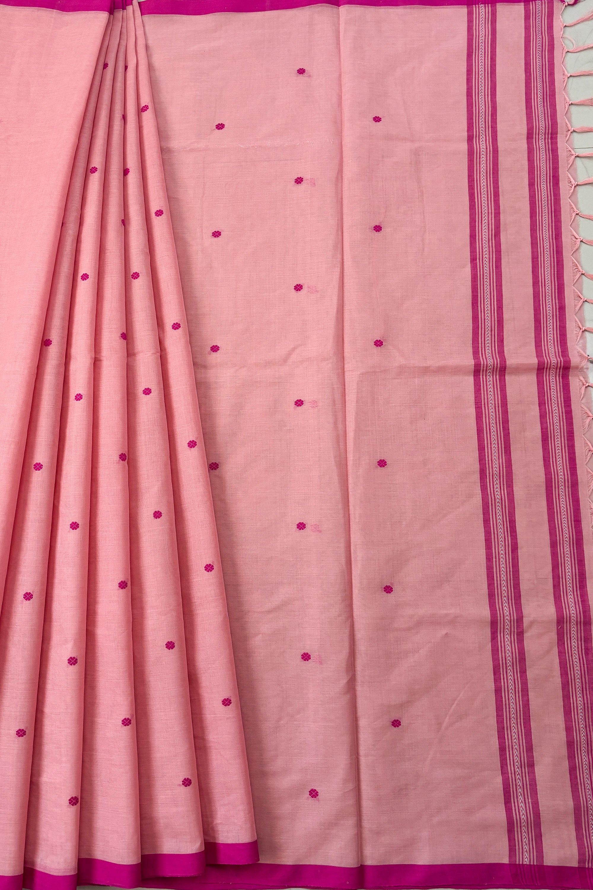 Powder Pink Bengal Cotton Saree with White Woven Buttas