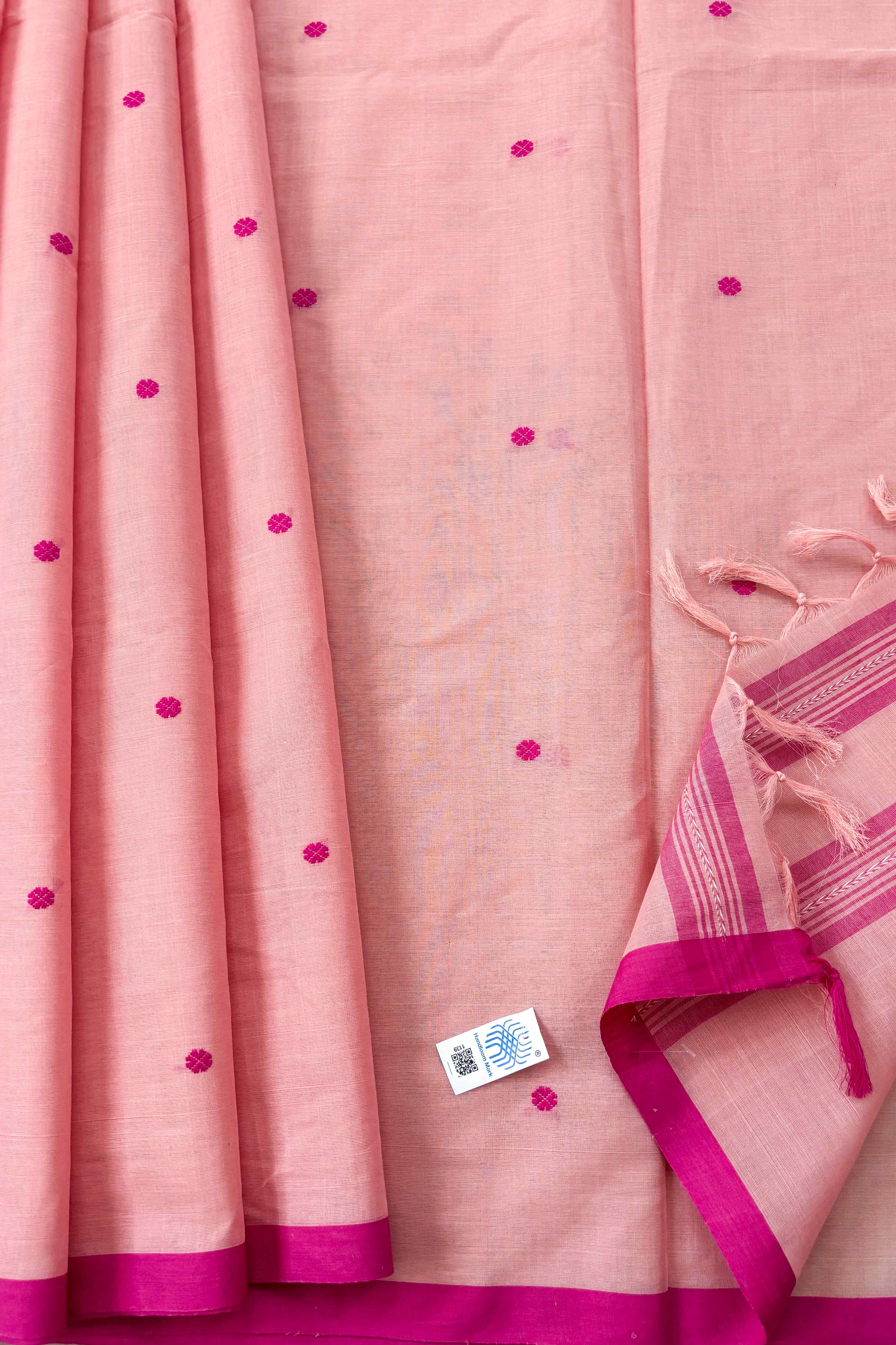 Powder Pink Bengal Cotton Saree with White Woven Buttas