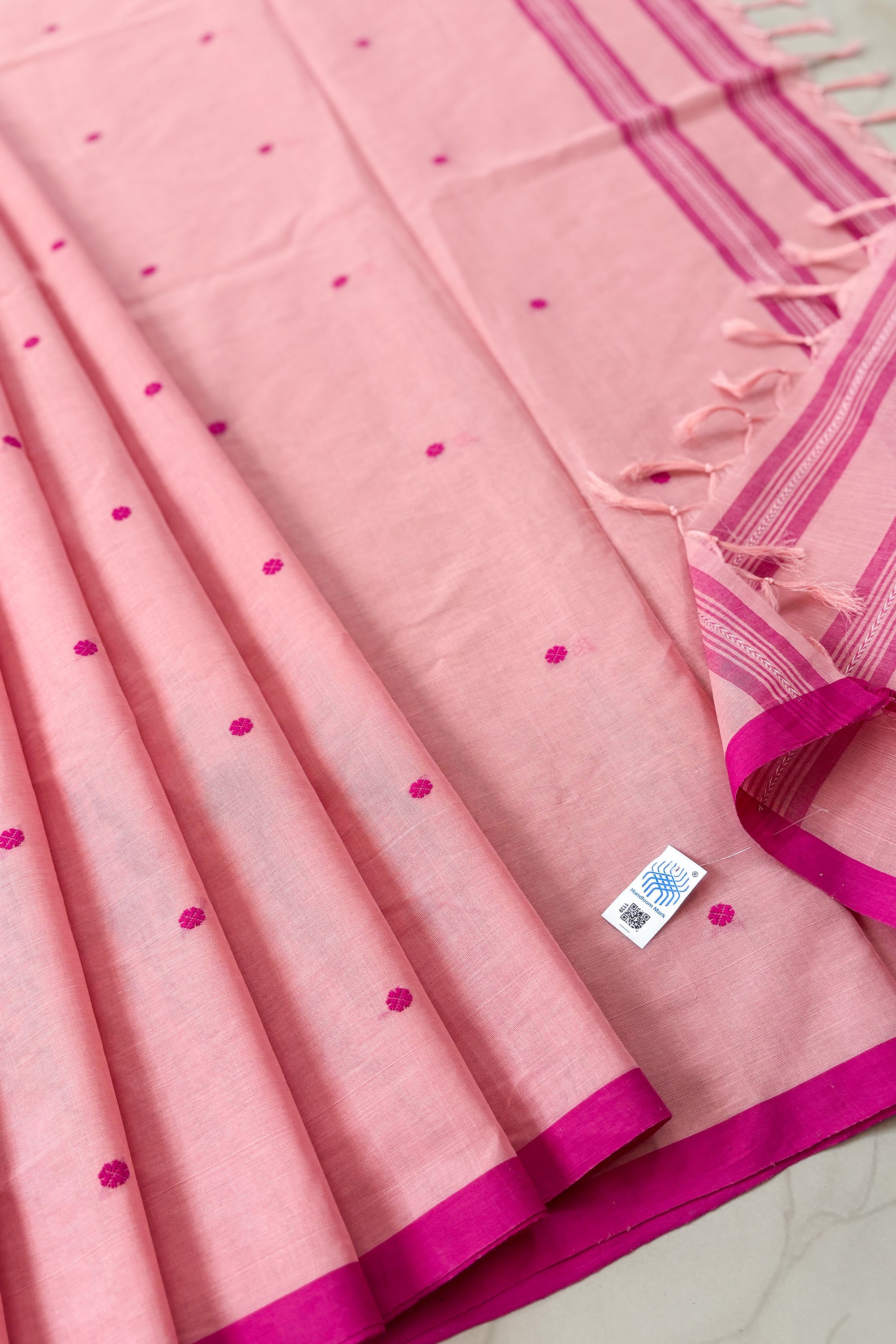 Powder Pink Bengal Cotton Saree with White Woven Buttas