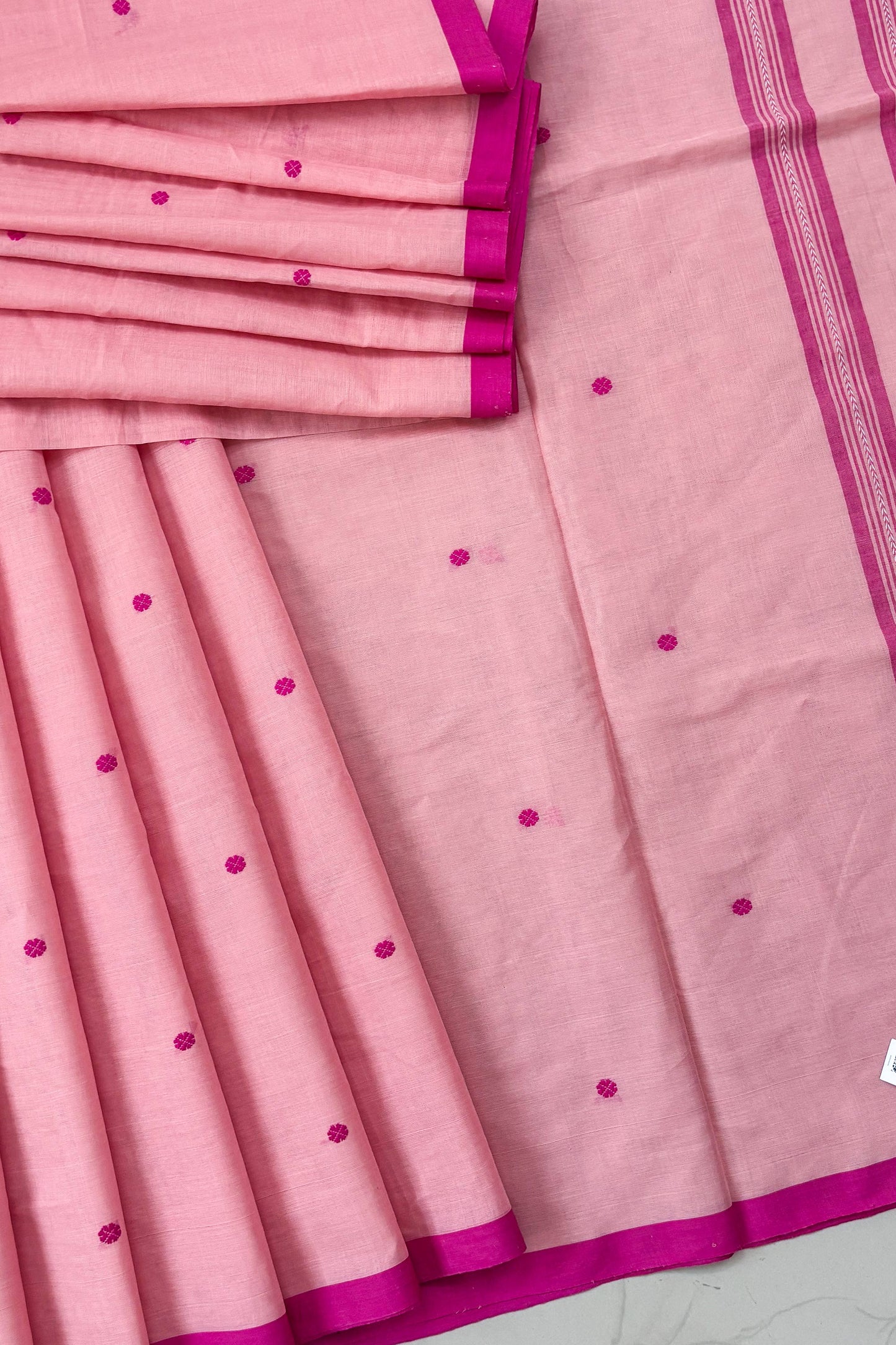 Powder Pink Bengal Cotton Saree with White Woven Buttas