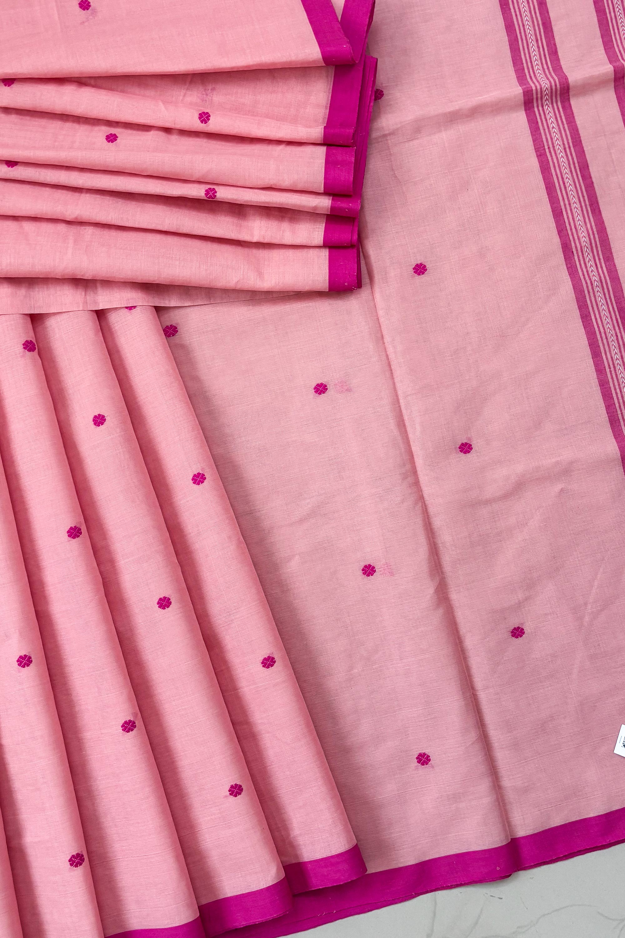 Powder Pink Bengal Cotton Saree with White Woven Buttas