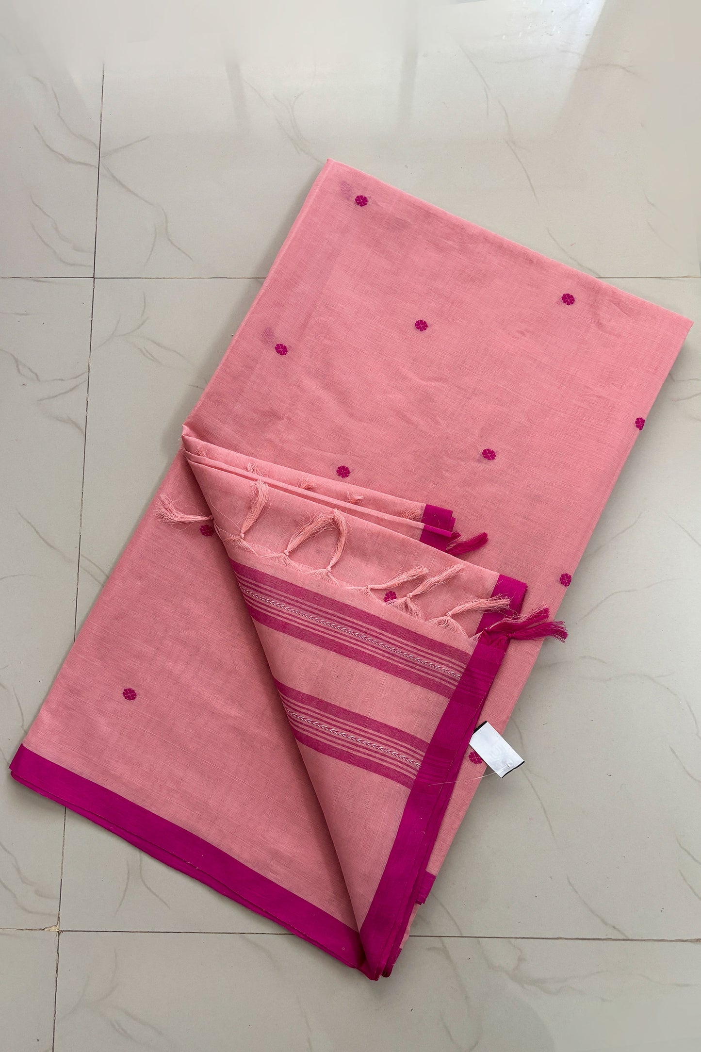 Powder Pink Bengal Cotton Saree with White Woven Buttas