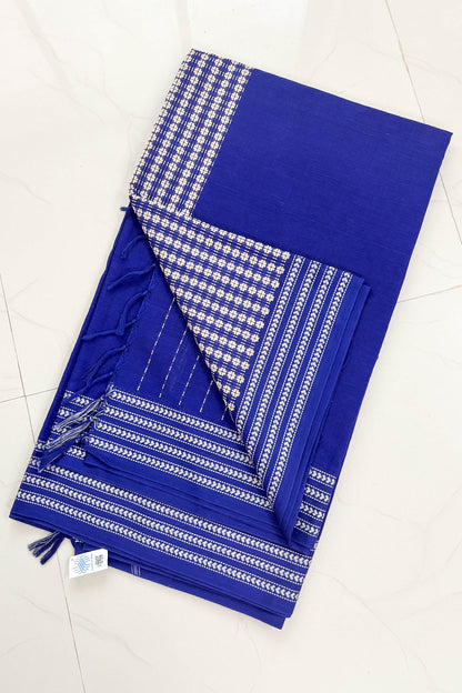 Blue Bengal Cotton Saree with White Woven Border and Heavy woven pallu
