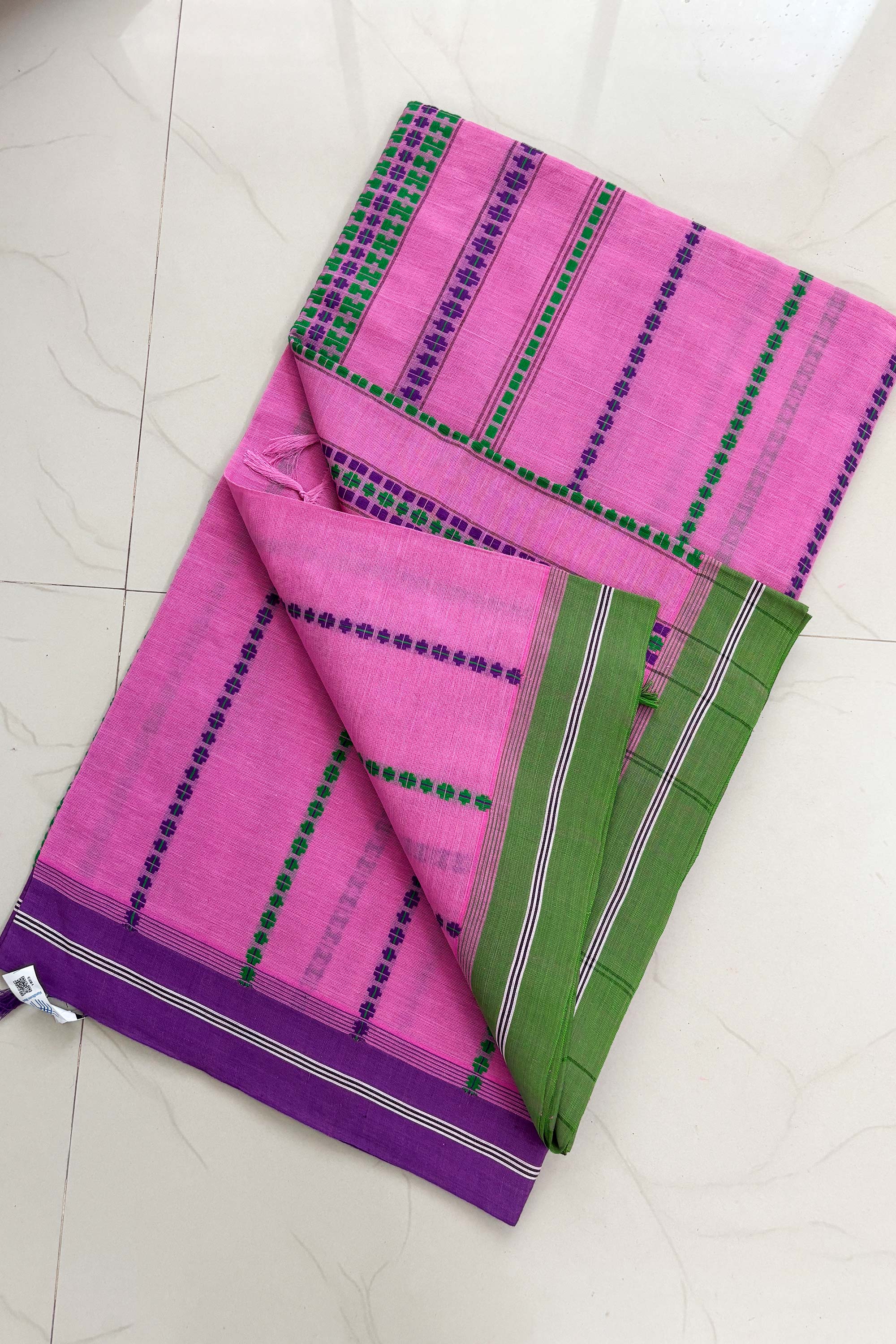 Pink Bengal Cotton Saree with Ganga Jamuna Border