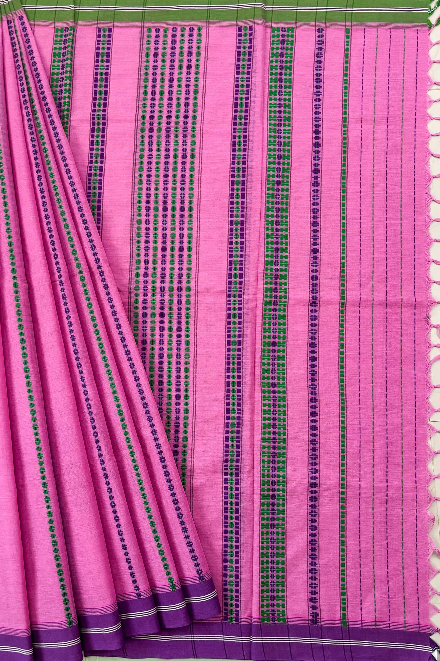 Pink Bengal Cotton Saree with Ganga Jamuna Border