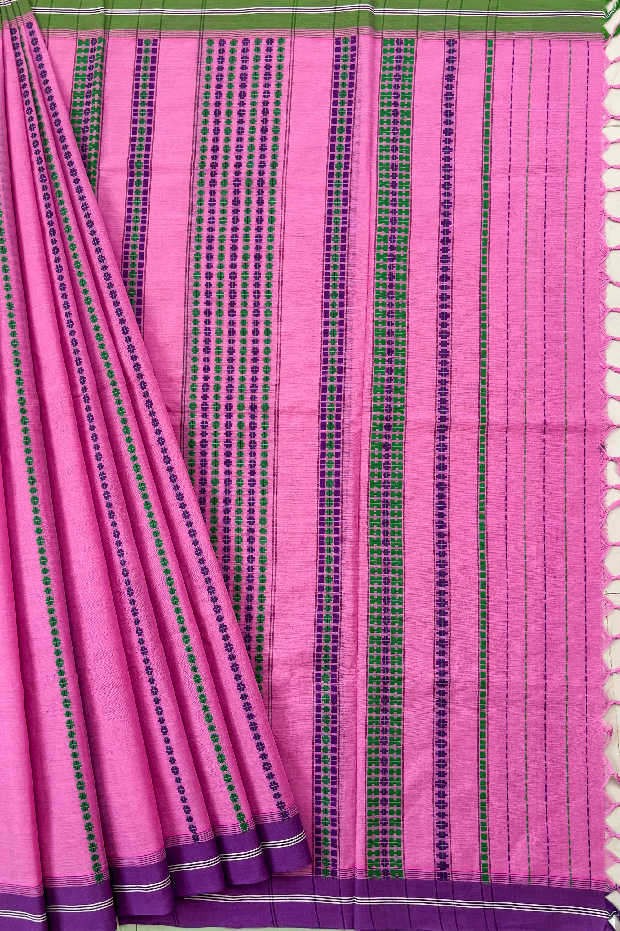 Pink Bengal Cotton Saree with Ganga Jamuna Border