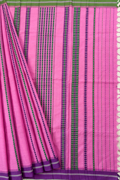 Pink Bengal Cotton Saree with Ganga Jamuna Border