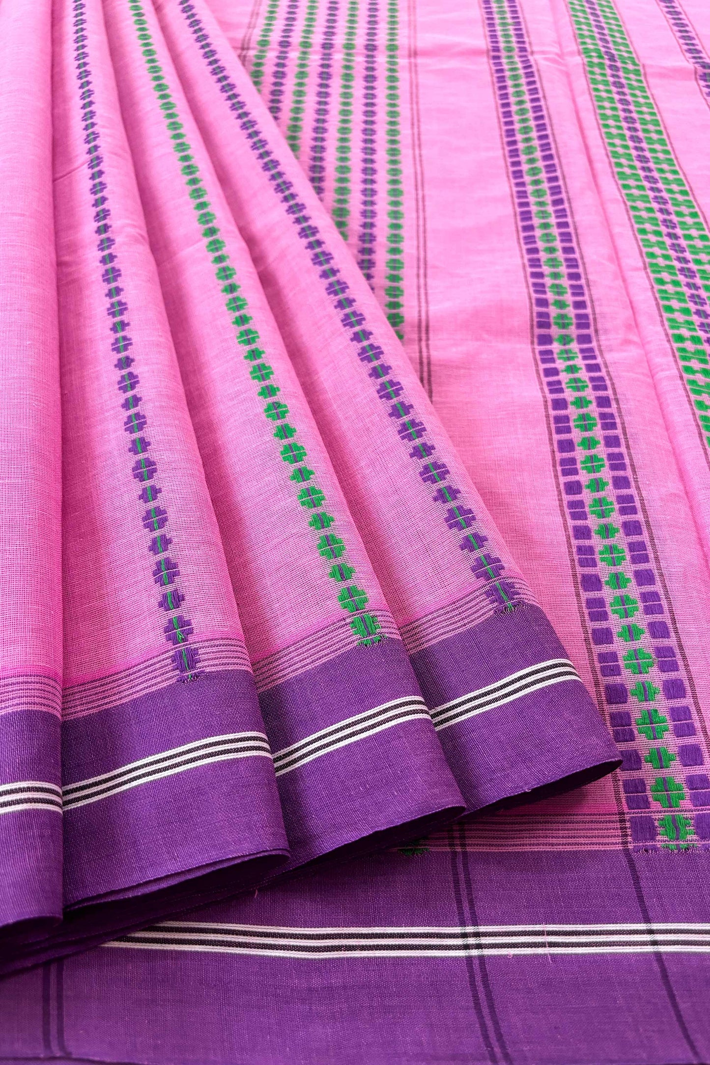 Pink Bengal Cotton Saree with Ganga Jamuna Border