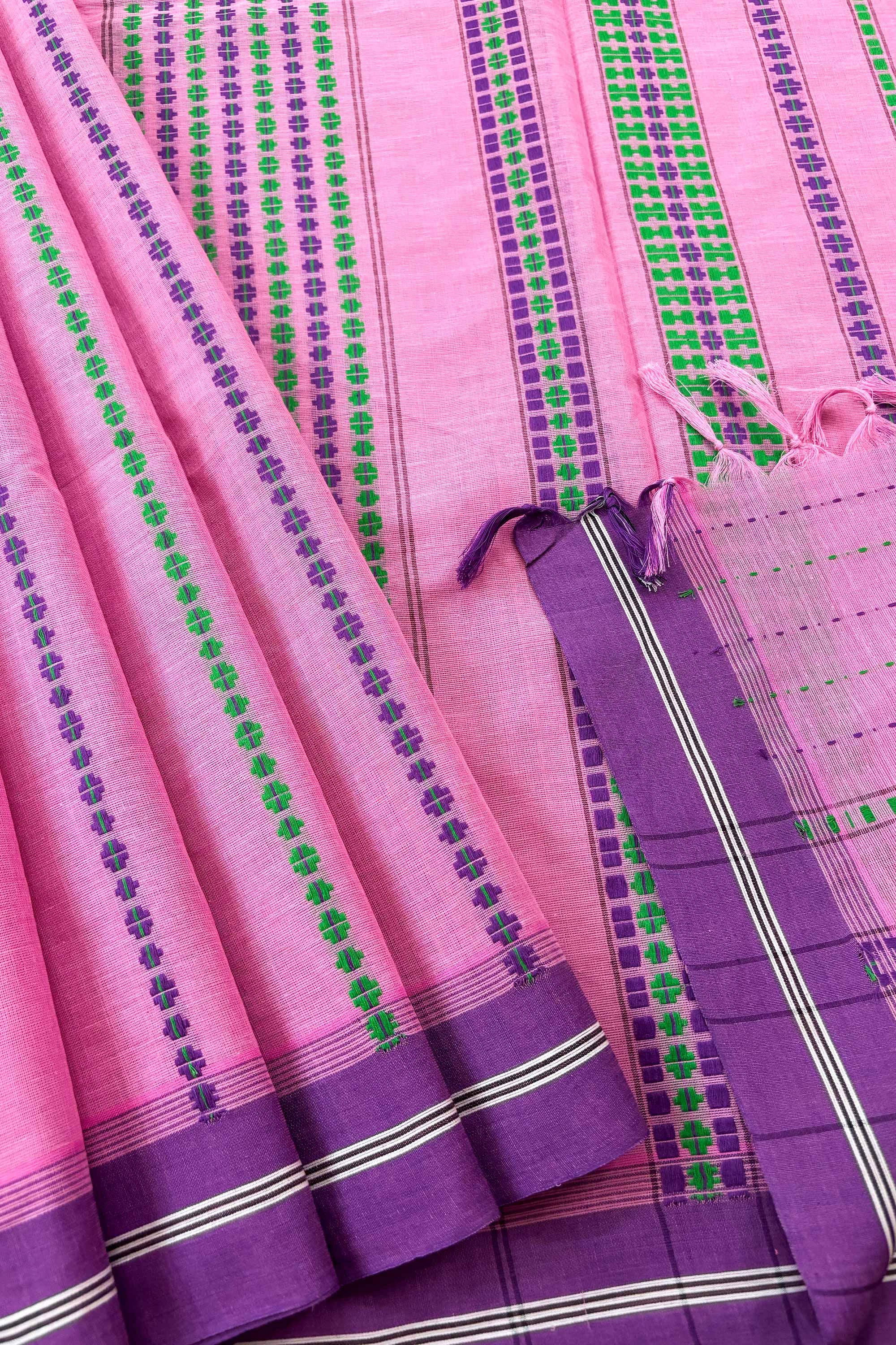 Pink Bengal Cotton Saree with Ganga Jamuna Border