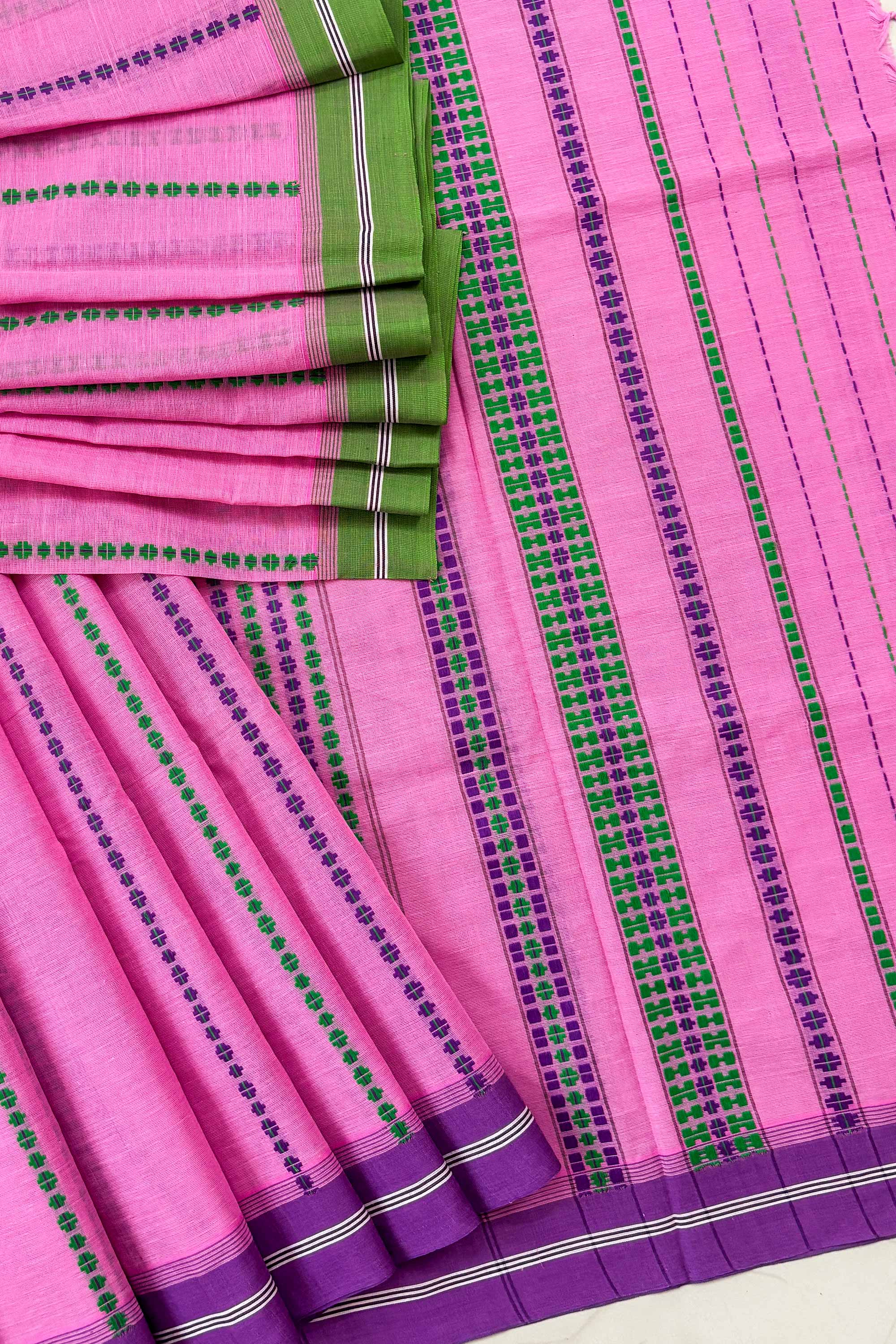 Pink Bengal Cotton Saree with Ganga Jamuna Border