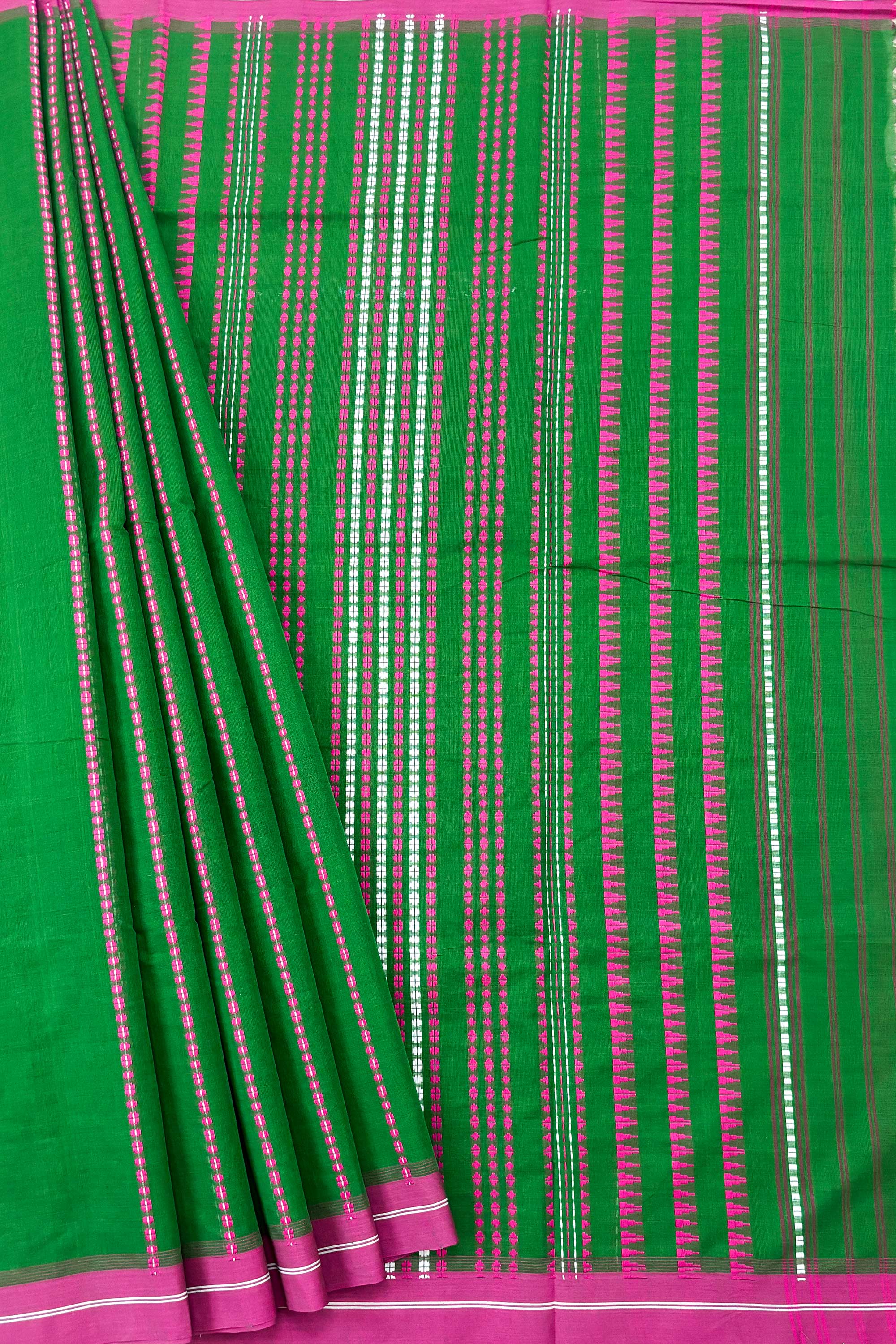 Green Bengal Cotton Saree with Pink Border