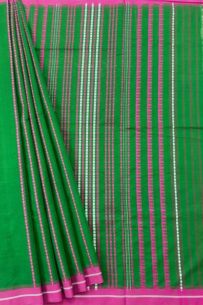 Green Bengal Cotton Saree with Pink Border