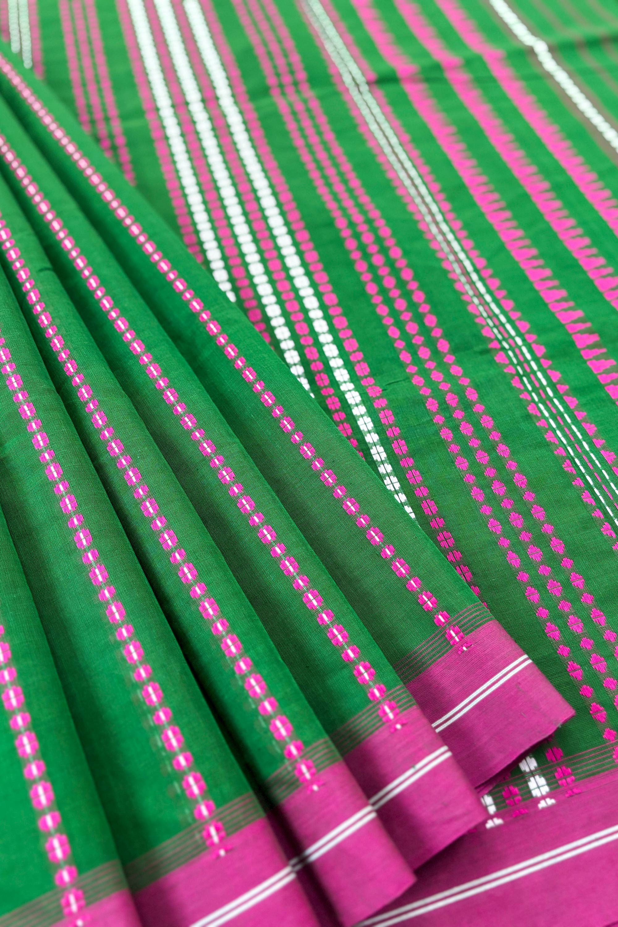 Green Bengal Cotton Saree with Pink Border