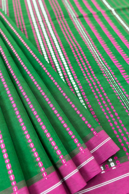 Green Bengal Cotton Saree with Pink Border