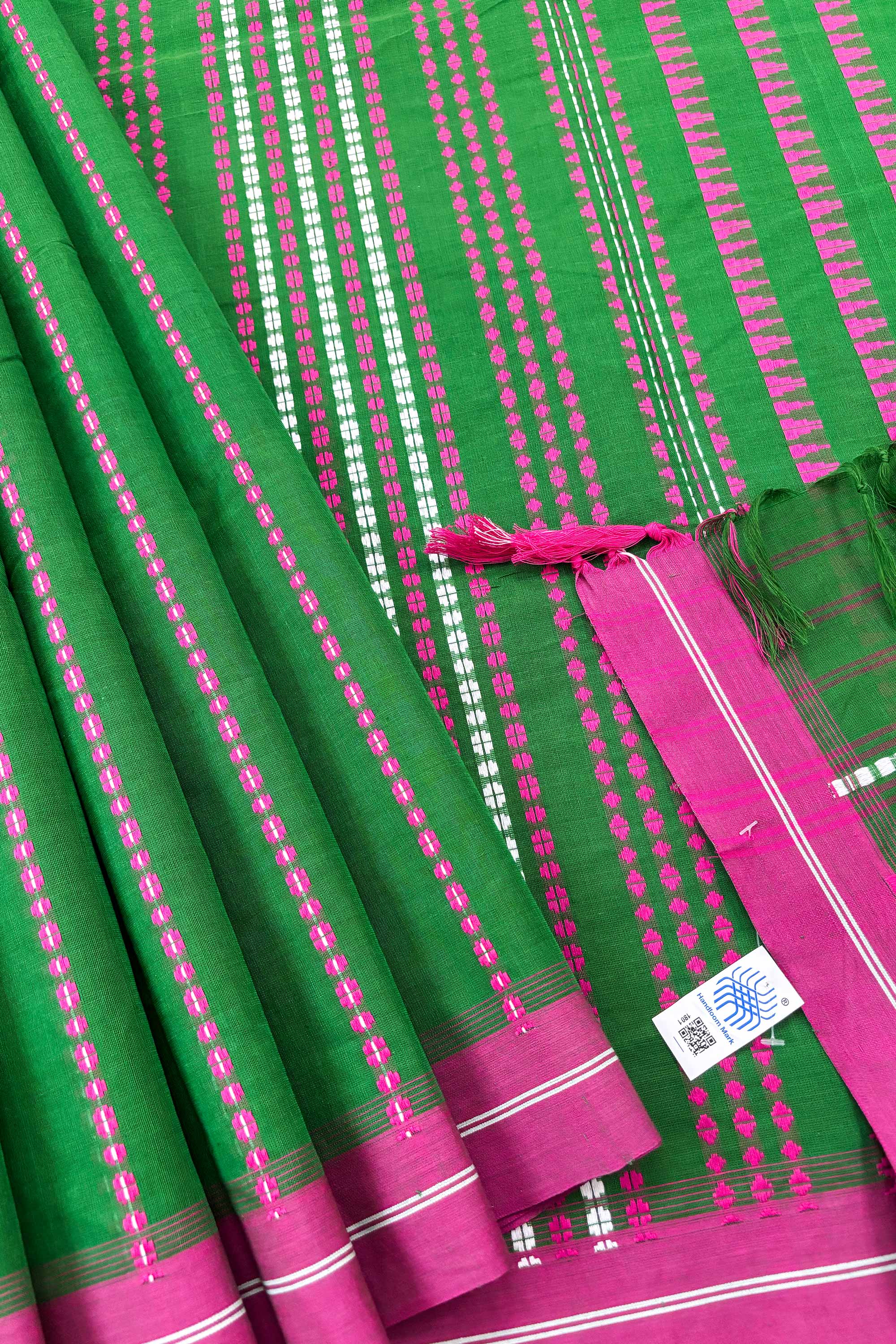 Green Bengal Cotton Saree with Pink Border