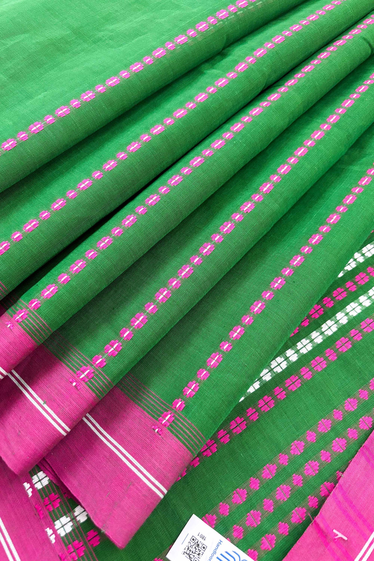 Green Bengal Cotton Saree with Pink Border