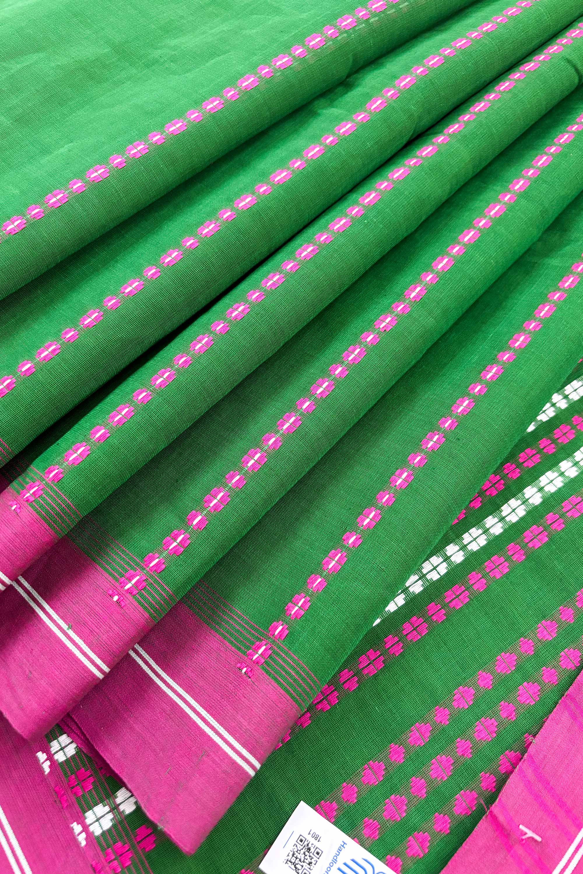 Green Bengal Cotton Saree with Pink Border
