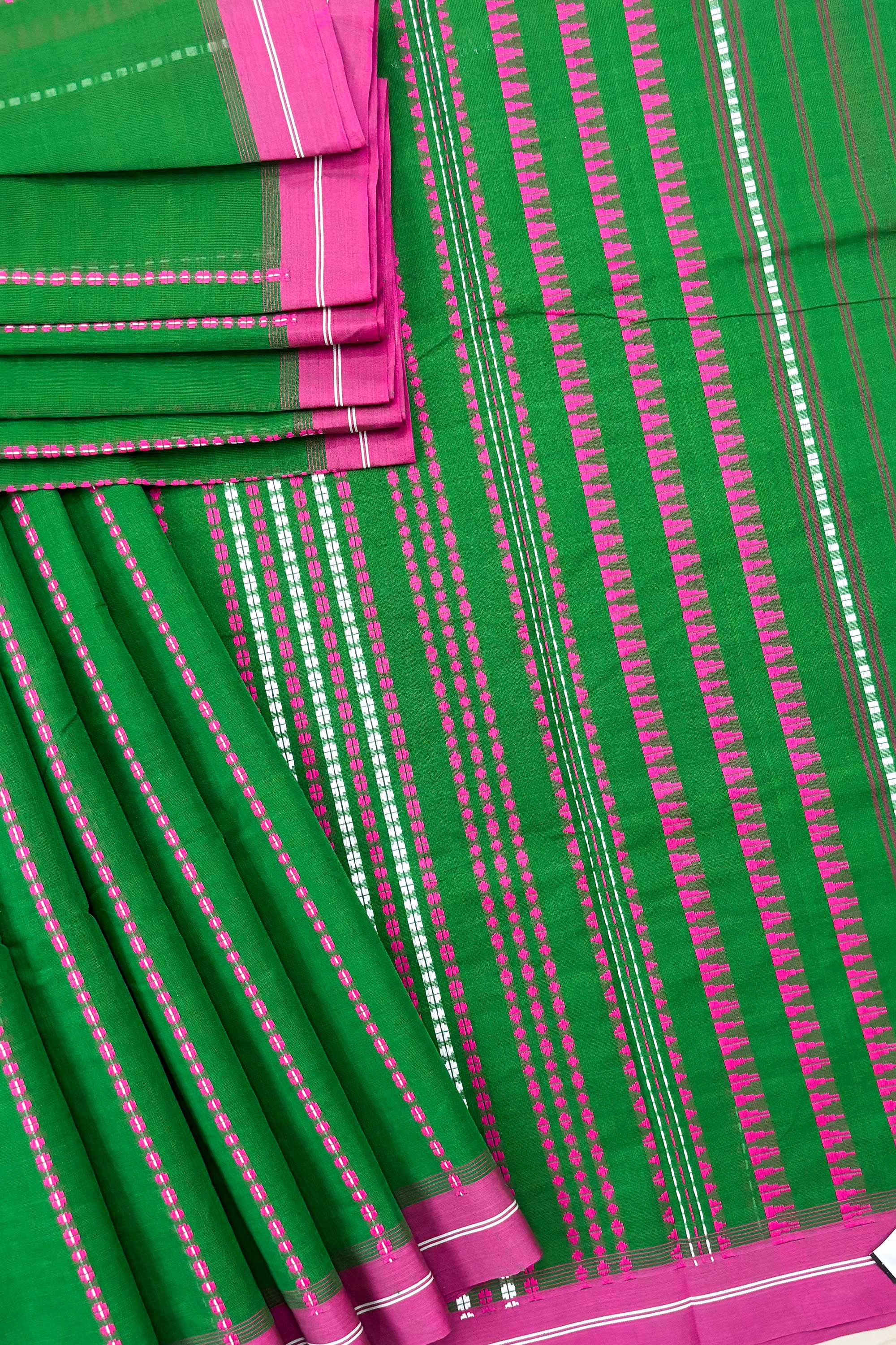 Green Bengal Cotton Saree with Pink Border