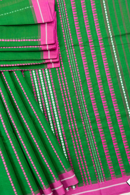 Green Bengal Cotton Saree with Pink Border