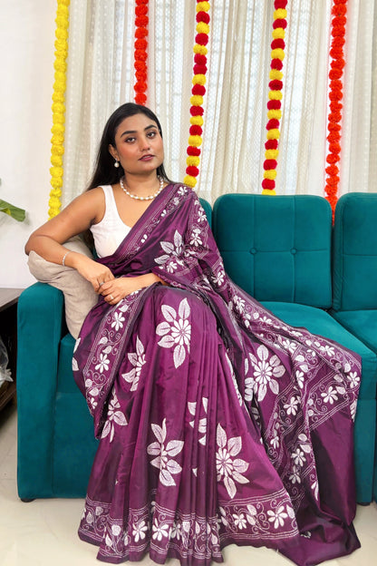 Gulbahar- Purple(Jamun) Silk Kantha Stitch Saree