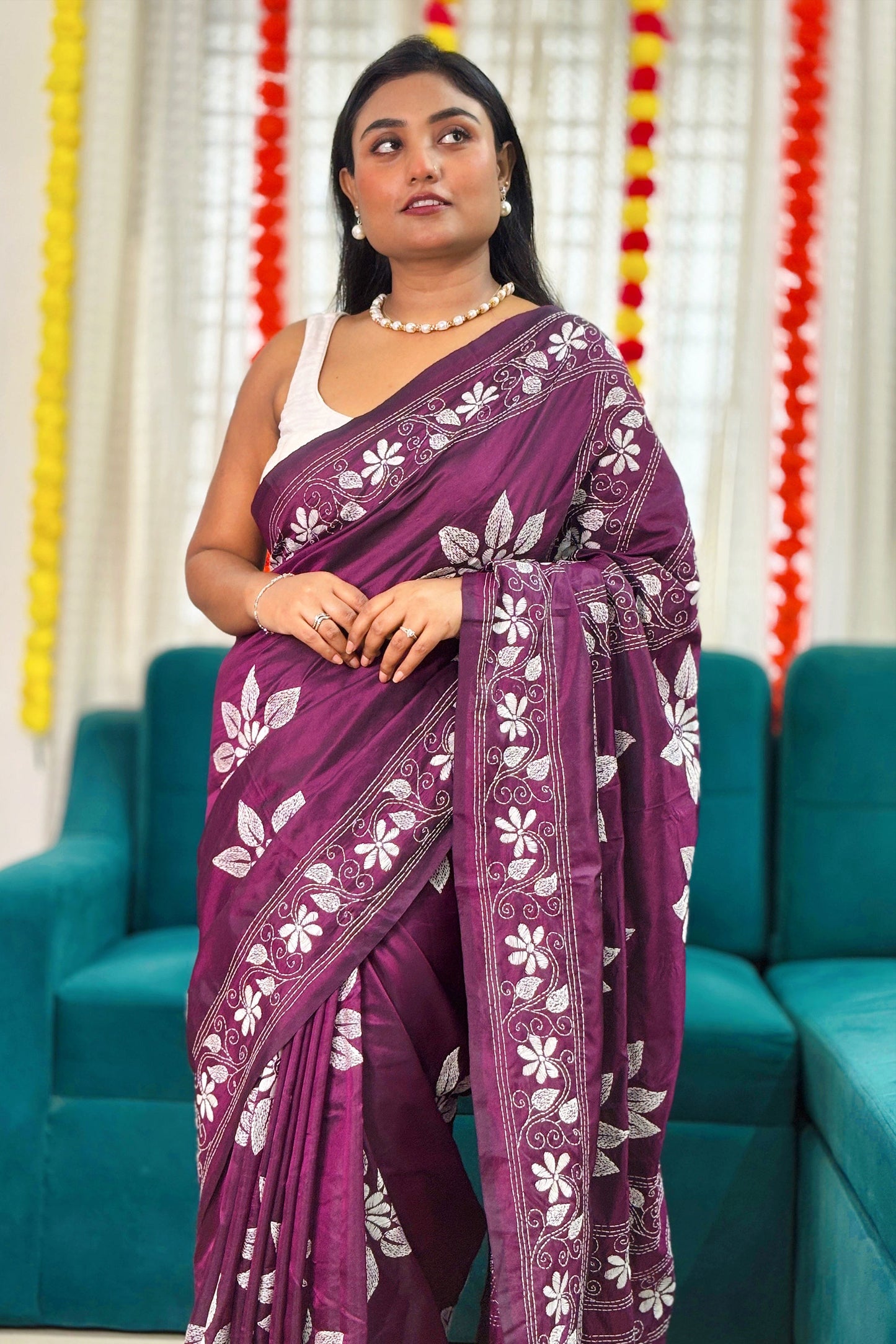 Gulbahar- Purple(Jamun) Silk Kantha Stitch Saree
