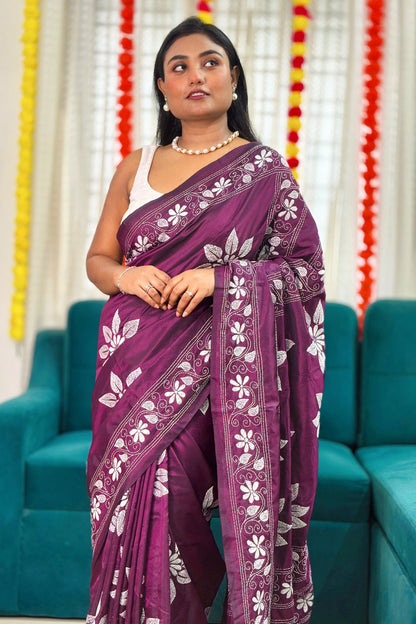 Gulbahar- Purple(Jamun) Silk Kantha Stitch Saree