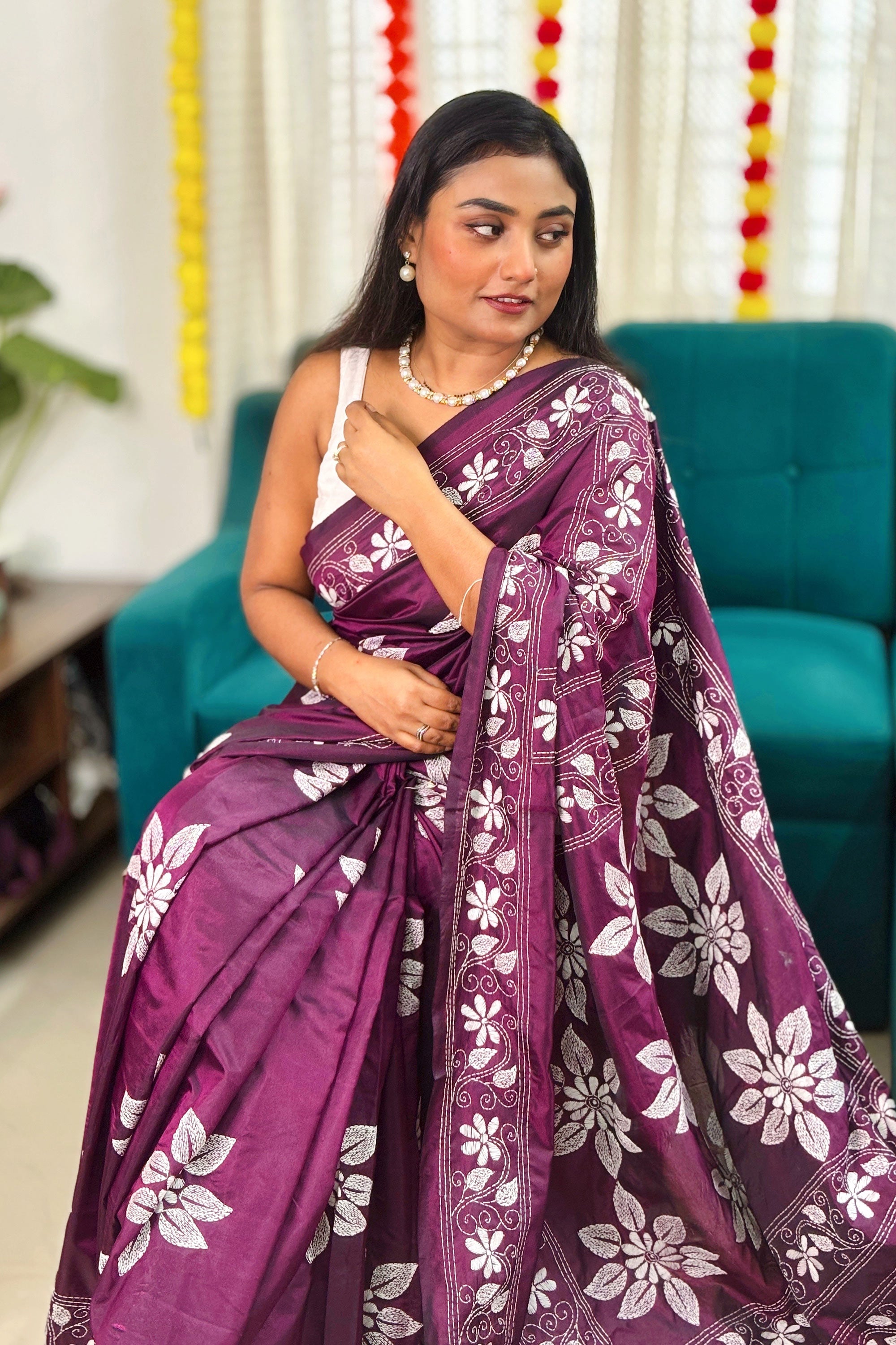 Gulbahar- Purple(Jamun) Silk Kantha Stitch Saree